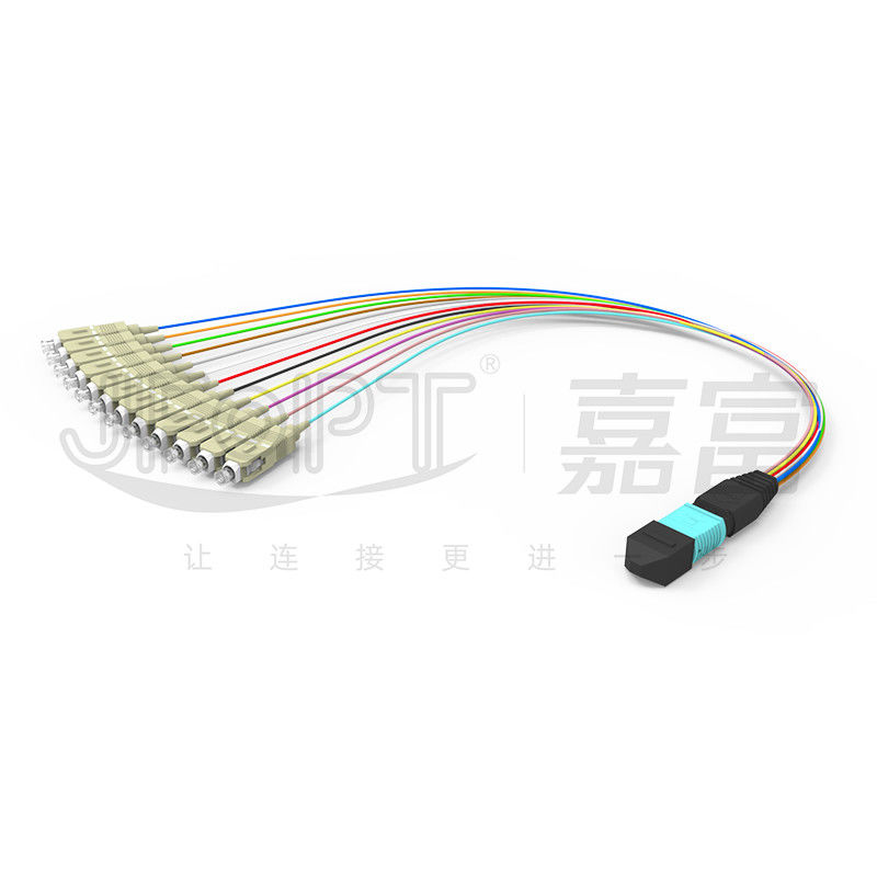 cable con varios modos de funcionamiento MPO/PC - cordón del desbloqueo de los 0.3m OM3 MPO de remiendo de pequeñas pérdidas de la rama del SC/de APC 0.9m m