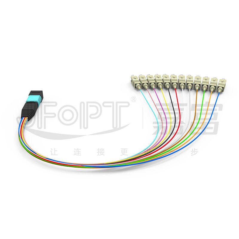 cable con varios modos de funcionamiento MPO/PC - cordón del desbloqueo de los 0.3m OM3 MPO de remiendo de pequeñas pérdidas de la rama del SC/de APC 0.9m m
