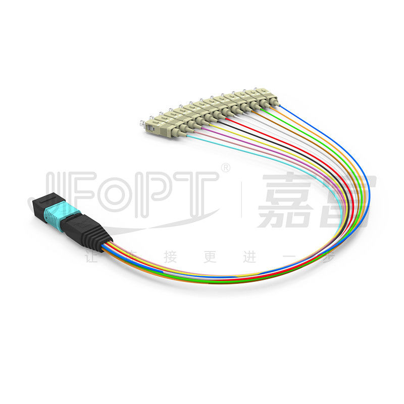 cable con varios modos de funcionamiento MPO/PC - cordón del desbloqueo de los 0.3m OM3 MPO de remiendo de pequeñas pérdidas de la rama del SC/de APC 0.9m m
