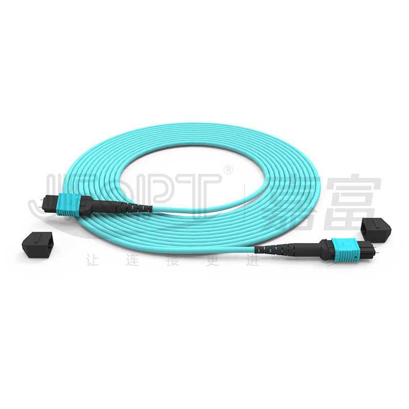 12 núcleos Velocidad MPO Cordón de parche de agua de color para conexión de centro de datos 10G Multi-modo OM3 Cordón de parche de fibra óptica