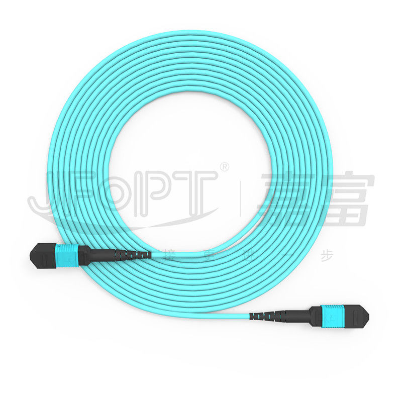 MPO-MPO Trunk Cable Aqua Round Boot Fibra óptica Cordón de parche de cola de cerdo para soluciones de red versátiles