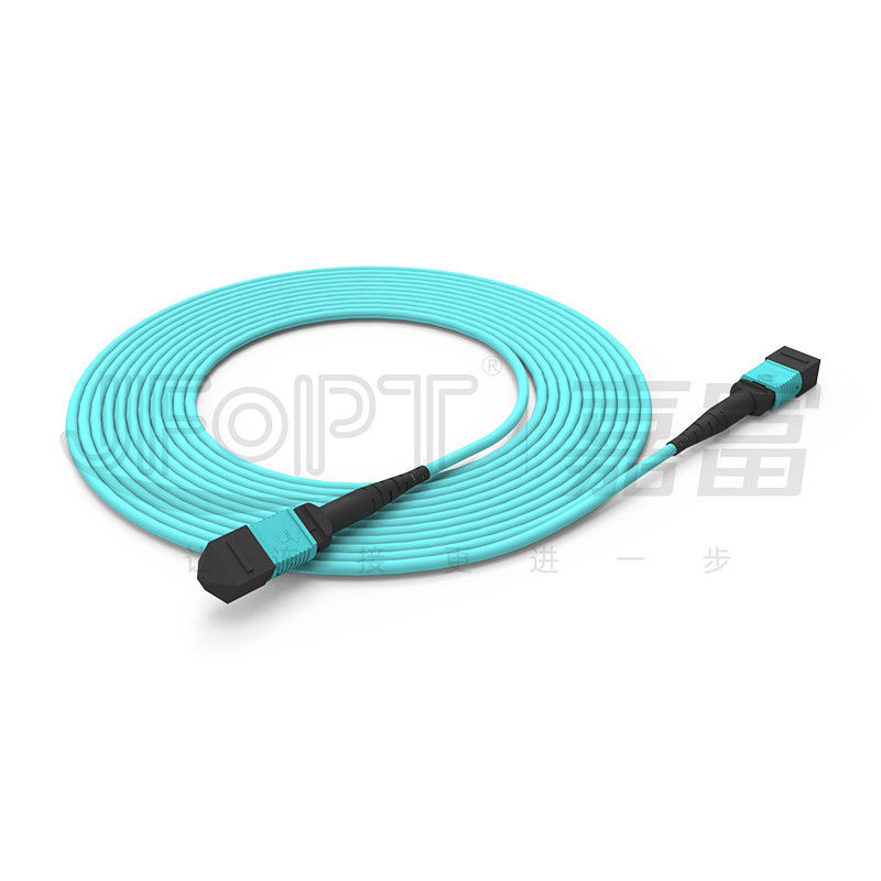MPO-MPO Trunk Cable Aqua Round Boot Fibra óptica Cordón de parche de cola de cerdo para soluciones de red versátiles