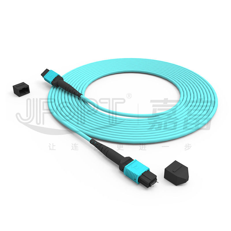 MPO-MPO Trunk Cable Aqua Round Boot Fibra óptica Cordón de parche de cola de cerdo para soluciones de red versátiles