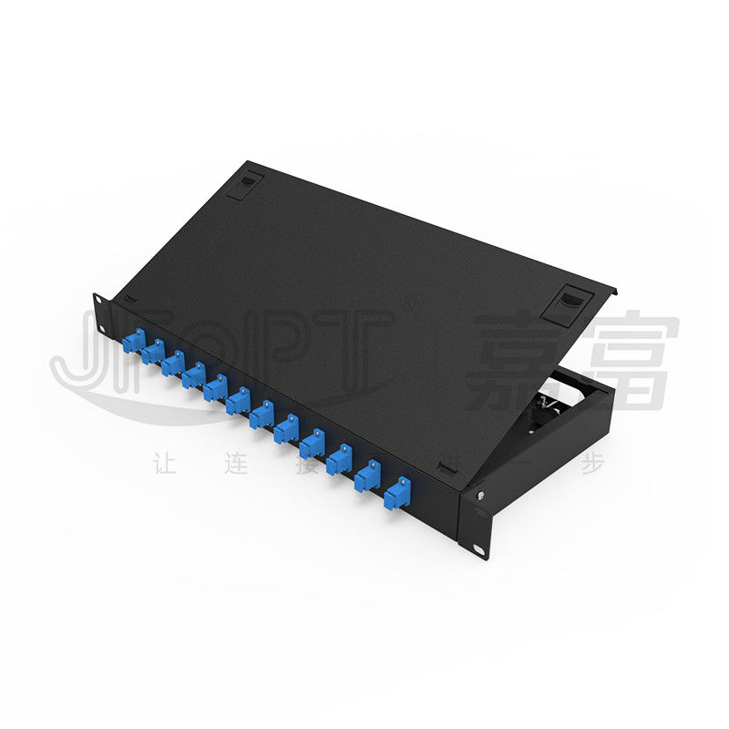 LC/SC/FC/ST Rack Mount Panel de parches de fibra 12/24 núcleo con botón de apertura de puerta de 19 pulgadas
