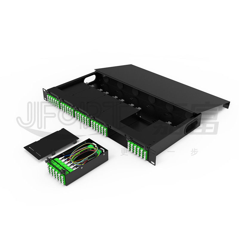 Chasis modular de alta densidad para adaptador cuádruple de LC MPO SM SL Panel de parches MPO-LC de 144 núcleos Caja de módulos sin fusión
