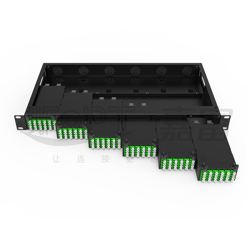 Chasis modular de alta densidad para adaptador cuádruple de LC MPO SM SL Panel de parches MPO-LC de 144 núcleos Caja de módulos sin fusión