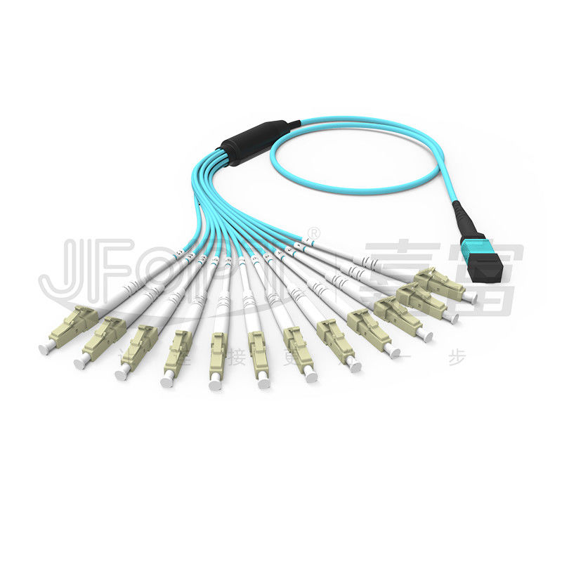 MPO Cordón de parche OM3 OM4 MPO-LC Cable de ruptura 1 3 5 10 metros LSZH / PVC chaqueta 850/1300nm Aqua