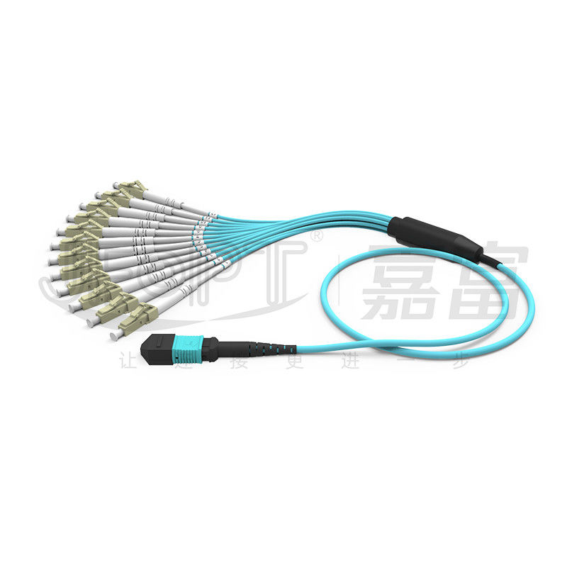 MPO Cordón de parche OM3 OM4 MPO-LC Cable de ruptura 1 3 5 10 metros LSZH / PVC chaqueta 850/1300nm Aqua