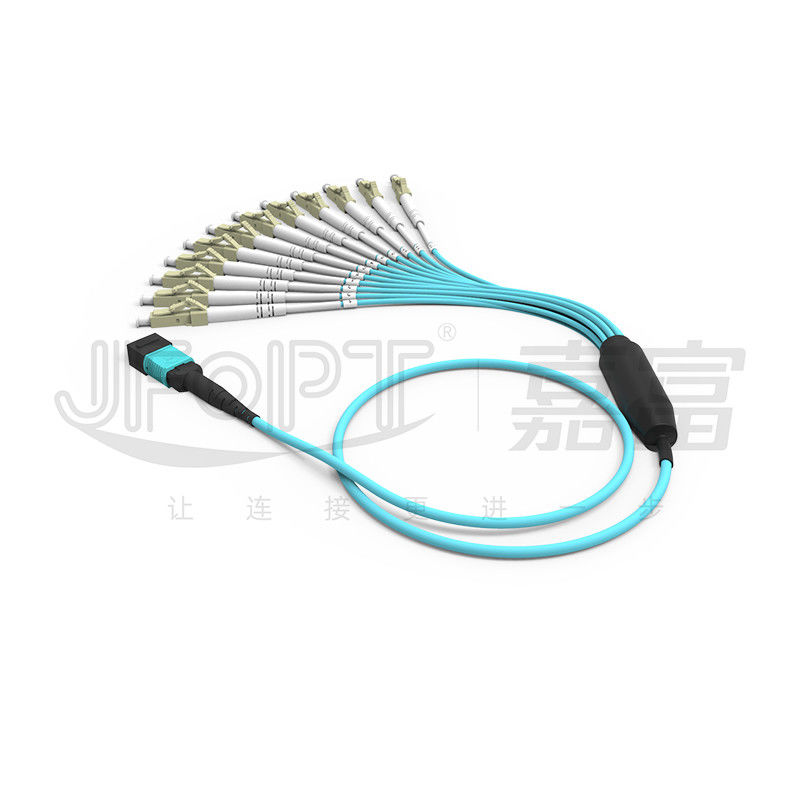 MPO Cordón de parche OM3 OM4 MPO-LC Cable de ruptura 1 3 5 10 metros LSZH / PVC chaqueta 850/1300nm Aqua