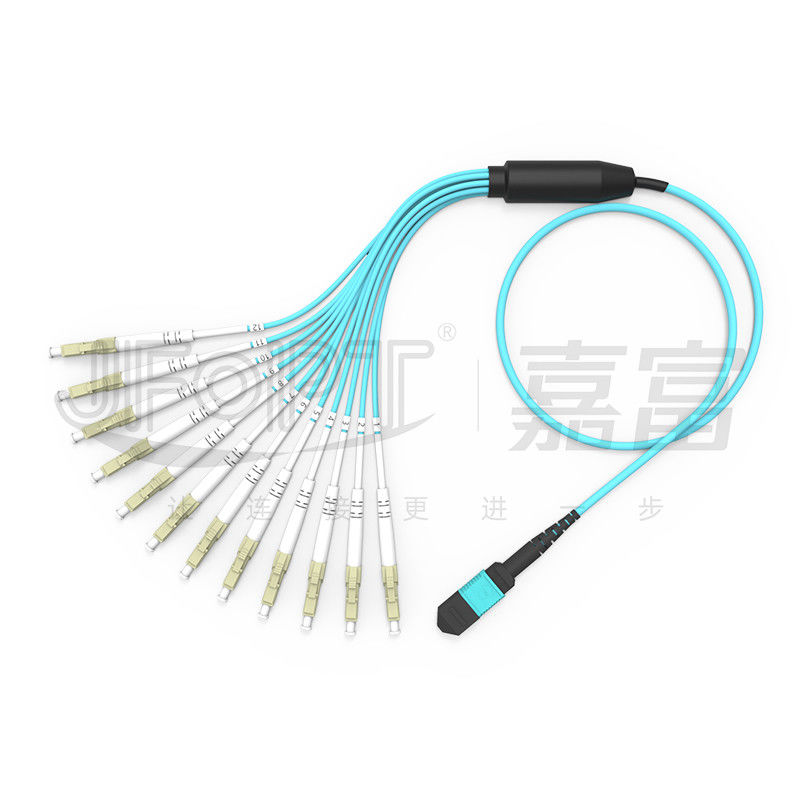 MPO Cordón de parche OM3 OM4 MPO-LC Cable de ruptura 1 3 5 10 metros LSZH / PVC chaqueta 850/1300nm Aqua